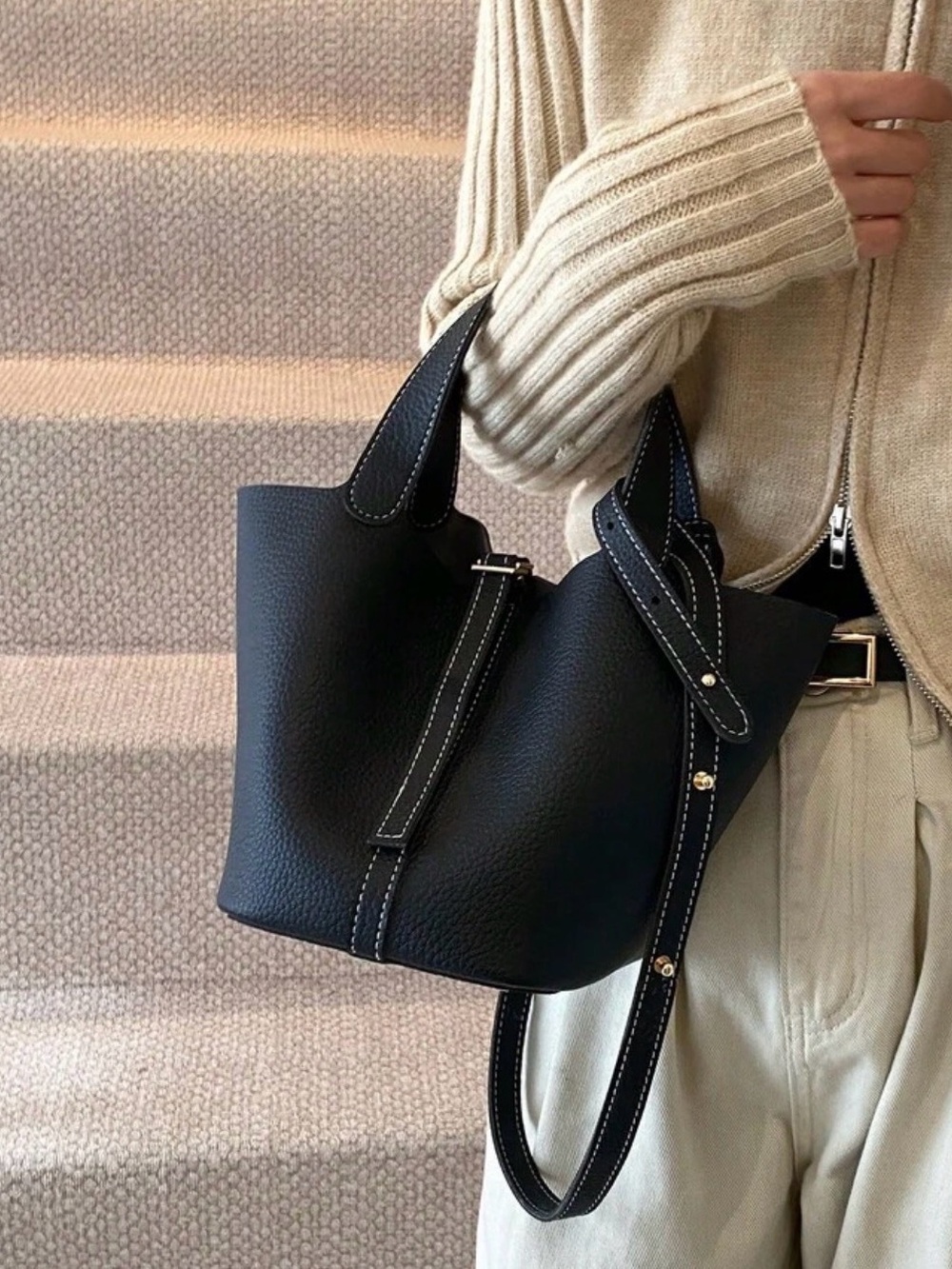 Black Leather Shoulder Bag with Contrast Stitching